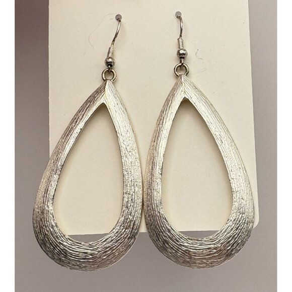 Vintage Silver Tone Open Teardrop Earrings Textured Dangle Retro 80s - Picture 5 of 6